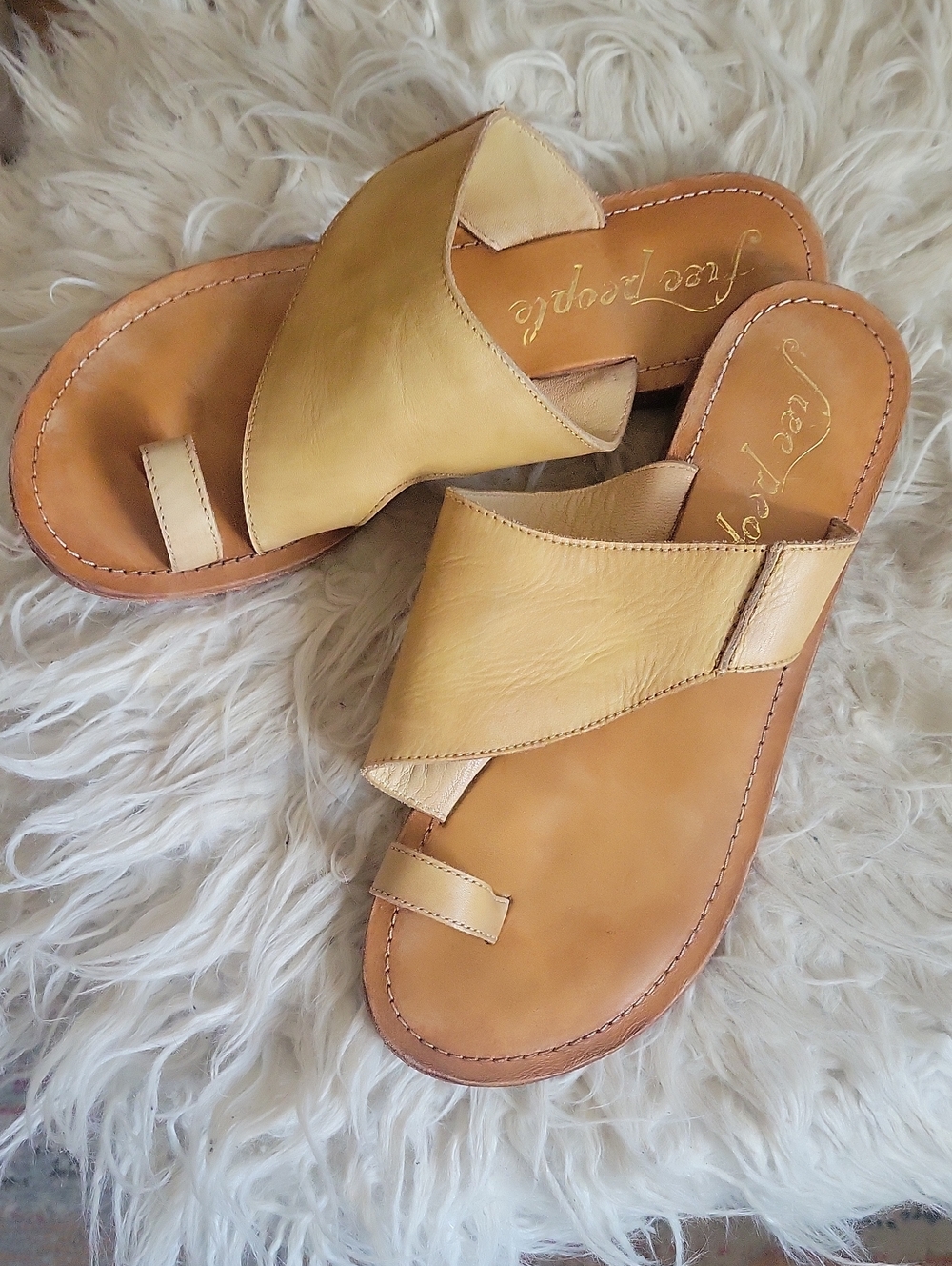 Free People Tan Leather Crossband Toe-Loop Sandals